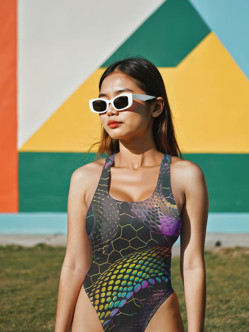 Holographic snake scale one-piece swimsuit featuring hexagon pattern with electric green, purple and blue scales on black background. Cheeky cut with scoop neck and low back design. Alternative gothic swimwear perfect for festivals, raves, beach parties. Available XS-3X, UPF 50+ protection with moisture-wicking fabric.
