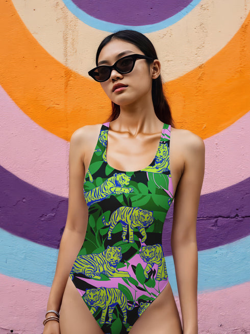 A one-piece scoop neck swimsuit featuring a bold, all-over scattered print. The flat, 2D printed design has a solid black background overlaid with bright pink abstract shapes, medium green tropical leaves, and striking lime green tigers with dark navy blue stripes. The bathing suit features a low scoop back, cheeky fit bottom, wide shoulder straps, and a double-layer front with white lining inside. The fabric has zig-zag stitching along the edges.