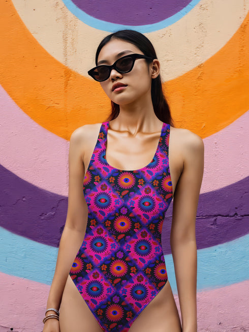 Bold patterned one-piece swimsuit with retro evil eye floral design, styled in festival-ready outdoor settings. Swimsuit features a scoop neckline, cheeky fit, and low scoop back. Ideal for summer vacations, pool parties, raves, and alt girl fashion. Made from stretchy, moisture-wicking fabric with UPF 50+ protection. Available in sizes XS to 3X. Colorful, statement swimwear designed for confident, maximalist style lovers.
