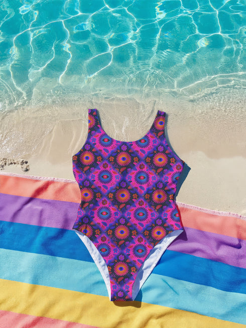 Bold patterned one-piece swimsuit with retro evil eye floral design, styled in festival-ready outdoor settings. Swimsuit features a scoop neckline, cheeky fit, and low scoop back. Ideal for summer vacations, pool parties, raves, and alt girl fashion. Made from stretchy, moisture-wicking fabric with UPF 50+ protection. Available in sizes XS to 3X. Colorful, statement swimwear designed for confident, maximalist style lovers.