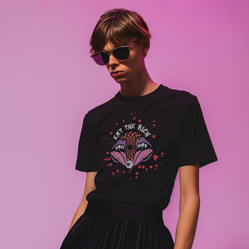 T-shirt featuring a surreal, psychedelic design centered on the chest. An open mouth with sharp vampire-like teeth and pink tongue dominates the image. Between the teeth, a hypnotic swirling pattern in rainbow colors leads to a single eyeball on the tongue. "EAT THE RICH" is written in white above the mouth. Red paint-like splatters surround the entire design, giving it a grungy, punk aesthetic. The shirt is from the "Honey Dazed" brand.