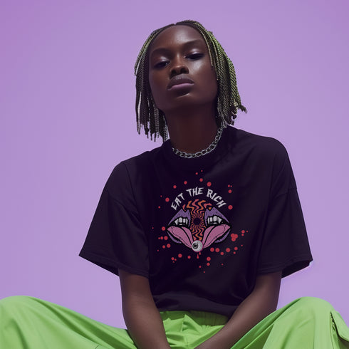 T-shirt featuring a surreal, psychedelic design centered on the chest. An open mouth with sharp vampire-like teeth and pink tongue dominates the image. Between the teeth, a hypnotic swirling pattern in rainbow colors leads to a single eyeball on the tongue. "EAT THE RICH" is written in white above the mouth. Red paint-like splatters surround the entire design, giving it a grungy, punk aesthetic. The shirt is from the "Honey Dazed" brand.