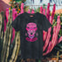 Unisex t-shirt featuring a pink tiger in purple hat and bandana, with "WHOA!" and "EASY TIGER!" text in bold retro style. Available in black and white, sizes S-3XL