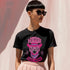 Unisex t-shirt featuring a pink tiger in purple hat and bandana, with "WHOA!" and "EASY TIGER!" text in bold retro style. Available in black and white, sizes S-3XL
