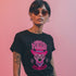 Unisex t-shirt featuring a pink tiger in purple hat and bandana, with "WHOA!" and "EASY TIGER!" text in bold retro style. Available in black and white, sizes S-3XL