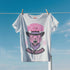 Unisex t-shirt featuring a pink tiger in purple hat and bandana, with "WHOA!" and "EASY TIGER!" text in bold retro style. Available in black and white, sizes S-3XL