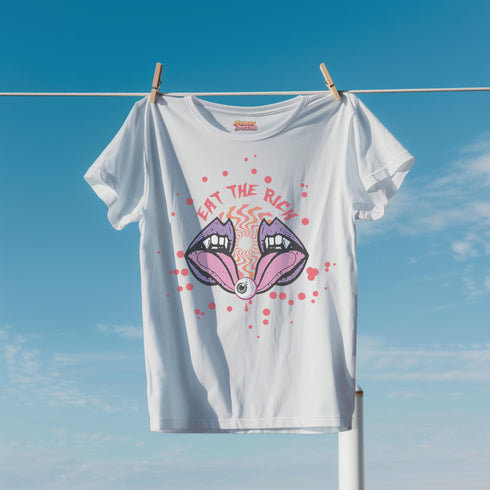 White t-shirt featuring a surreal, psychedelic design centered on the chest. An open mouth with sharp vampire-like teeth and pink tongue dominates the image. Between the teeth, a hypnotic swirling pattern in rainbow colors leads to a single eyeball on the tongue. "EAT THE RICH" is written in white above the mouth. Red paint-like splatters surround the entire design, giving it a grungy, punk aesthetic. The shirt is from the "Honey Dazed" brand.