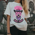 Unisex t-shirt featuring a pink tiger in purple hat and bandana, with "WHOA!" and "EASY TIGER!" text in bold retro style. Available in black and white, sizes S-3XL