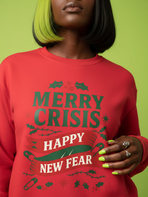 A holiday sweatshirt in pink or red with a punk and goth aesthetic. The text reads "MERRY CRISIS" and "HAPPY NEW FEAR" in a bold, gothic-style font. The design is decorated with holly leaves, berries, thorny vines, and safety pins, all arranged in a festive but alternative holiday style. This funny goth Christmas pullover is a sarcastic statement piece, perfect as dark humor apparel for the winter season.
