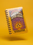 A glossy 5x7 inch spiral bound notebook featuring the phrase Inner Peace Outer Chaos in retro 70s typography. The cover showcases a vibrant psychedelic design on a mustard yellow background with a central trippy sun motif containing three mystical eyes. Below the sun, text reads Meditations, Mantras, and Meltdown Notes in bold black font. The journal has a durable black metal spiral binding and contains 150 lined pages for writing, shadow work, or daily planning.