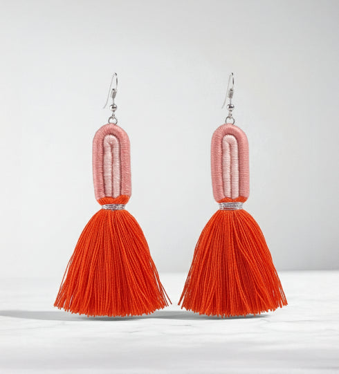 Pink & Red Yarn Wrap Tassel Earrings
