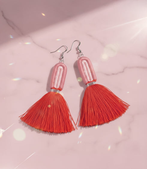 Pink & Red Yarn Wrap Tassel Earrings