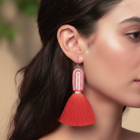 Pink & Red Yarn Wrap Tassel Earrings