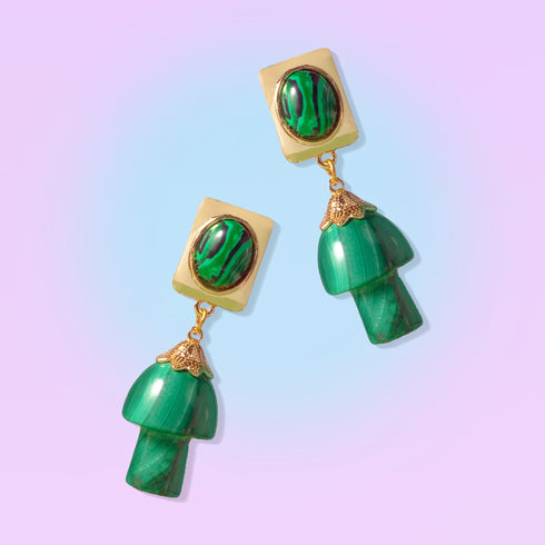 Luxurious earrings featuring gold rectangular studs with oval malachite stones, dangling vibrant green mushroom-shaped malachite charms, perfect for cottagecore aesthetics.