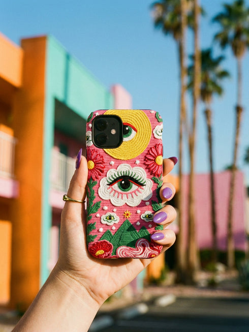 Maximalist phone case with a vibrant hot pink background featuring a faux crochet knit texture illusion. The design includes a large yellow crescent moon with a green eye in the top right, a central white cloud with a green eye and red lashes, and green mountain peaks at the bottom. Red flowers and pink swirling mist accent the scene.