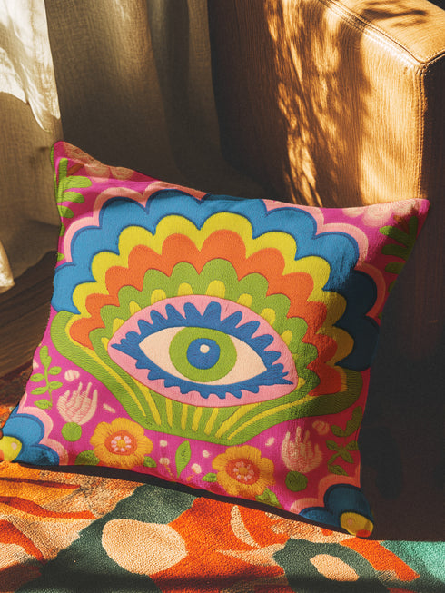 Polyester faux embroidered pillow cover featuring a bold maximalist evil eye design with a colorful folk-art inspired pattern. The front print includes a central blue, green, and pink eye surrounded by scalloped floral shapes, rainbow-like arches, leafy details, and bright decorative flowers in pink, orange, yellow, blue, and green. Soft square pillow cover with a textured woven-look print. Available in 18x18 or 22x22 inches.