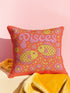 A vibrant tomato red square throw pillow featuring a retro 70s Pisces zodiac design in a faux embroidery print style. The word Pisces appears in bubblegum pink bubble letters at the top, sitting above two yellow and pink fish swimming in a circle representing the water sign. The background is densely filled with yellow and pink daisies. The texture visually mimics stitched needlework but is a smooth 2D print on linen-feel fabric. Perfect for maximalist, eclectic, and dopamine decor styles.
