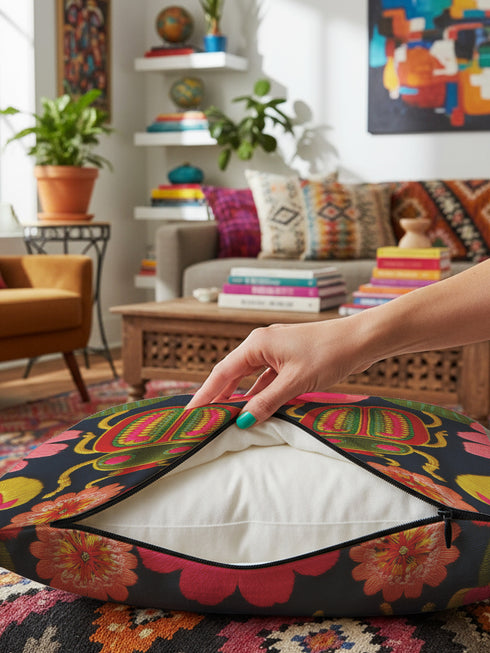 Navy blue square throw pillow cover featuring two vibrant beetles in a symmetrical design. The beetles have jewel-toned wings in emerald green and hot pink, rendered in a faux-embroidery texture style that mimics stitched threads. The background is a deep midnight blue with stylized floral accents. The texture is a smooth digital print on spun polyester. Ideal for maximalist homes and entomolgy art.