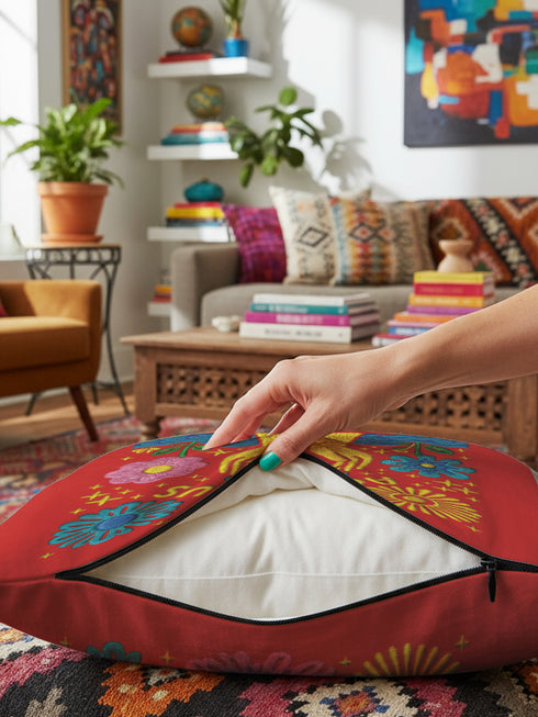 A square red decorative pillow featuring a flat, faux-embroidery design of the Aquarius zodiac sign. The word "AQUARIUS" curves in yellow letters above two yellow hands catching falling blue raindrops. Stylized pink and blue folk-art flowers and green leaves flank the hands, with blue waves at the bottom. The design mimics the texture of stitched thread but is a smooth 2D print.