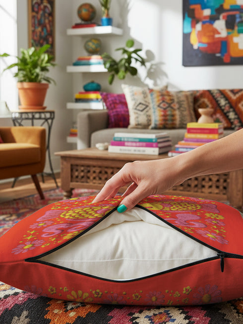 A vibrant tomato red square throw pillow featuring a retro 70s Pisces zodiac design in a faux embroidery print style. The word Pisces appears in bubblegum pink bubble letters at the top, sitting above two yellow and pink fish swimming in a circle representing the water sign. The background is densely filled with yellow and pink daisies. The texture visually mimics stitched needlework but is a smooth 2D print on linen-feel fabric. Perfect for maximalist, eclectic, and dopamine decor styles.
