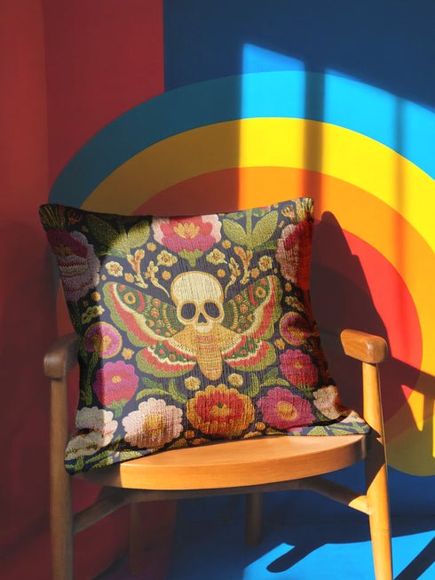 A square decorative throw pillow with a dark navy background and a linen-feel polyester texture. The design features a large, centrally-placed Death's Head hawkmoth with a detailed human skull marking on its thorax. The moth's wings are intricately patterned in shades of red, green, and gold. It is surrounded by a dense, symmetrical arrangement of colorful folk-art style flowers in vibrant shades of pink, red, and orange, with green leaves and vines. The print has a faux-embroidery appearance.