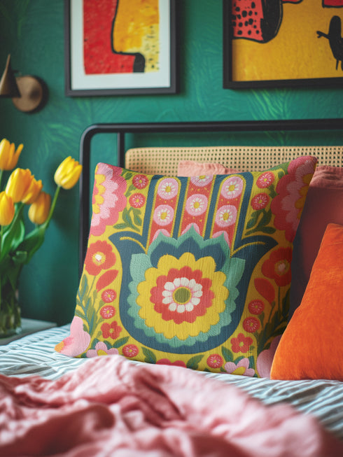 A square decorative throw pillow featuring a vibrant Hamsa hand and Evil Eye design on a hot pink background. The maximalist print includes bold blue, red, and green protection symbols with intricate details, offering a retro 70s and eclectic aesthetic. The fabric has a high-end linen texture with a hidden zipper. Available in 18x18 and 22x22 sizes.