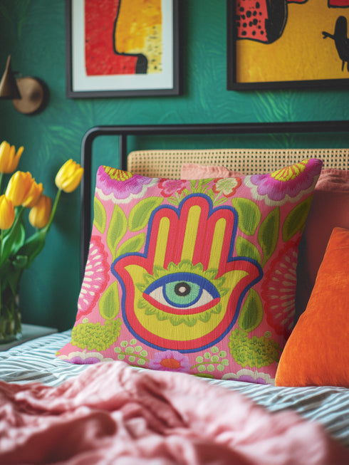 A square decorative throw pillow cover featuring a vibrant pink background with a bold, symmetrical design. In the center is a large, multi-colored Hamsa hand symbol outlined in red and yellow, containing a detailed evil eye with a green iris and black pupil. The hand is surrounded by stylized botanical elements, including pink flowers and green leaves. The design features a visual texture that mimics intricate thread embroidery but is a smooth, flat print on fabric.