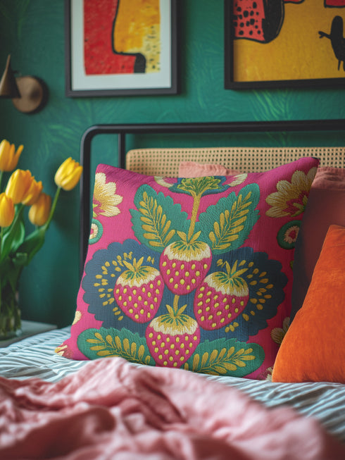 A square throw pillow with a vibrant, folk art-inspired design. The pillow's background is a bright, saturated fuchsia pink. The central design features four stylized strawberries arranged in a cluster, rendered in a way that mimics thick, textural embroidery. Each strawberry is red. The overall aesthetic is colorful, eclectic, and maximalist, with a distinct retro or 70s feel. The pillow cover has a visible linen-like texture.