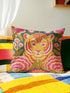 Square decorative throw pillow cover featuring a vibrant, maximalist illustration of a walking tiger surrounded by blooming pink peonies and green foliage. The design is set against a deep teal-charcoal background and mimics the texture of vintage hand embroidery with a faux-stitch printed effect. The style blends Junglecore, Chinoiserie, and Whimsigoth aesthetics. The fabric is a durable, linen-textured spun polyester. The tiger is orange, gold, and black; flowers are magenta pink.