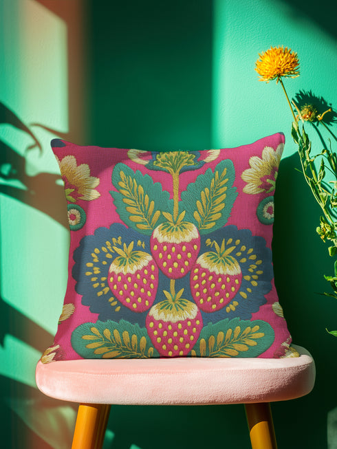 A square throw pillow with a vibrant, folk art-inspired design. The pillow's background is a bright, saturated fuchsia pink. The central design features four stylized strawberries arranged in a cluster, rendered in a way that mimics thick, textural embroidery. Each strawberry is red. The overall aesthetic is colorful, eclectic, and maximalist, with a distinct retro or 70s feel. The pillow cover has a visible linen-like texture.