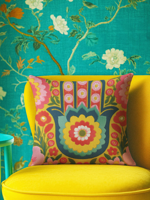 A square decorative throw pillow featuring a vibrant Hamsa hand and Evil Eye design on a hot pink background. The maximalist print includes bold blue, red, and green protection symbols with intricate details, offering a retro 70s and eclectic aesthetic. The fabric has a high-end linen texture with a hidden zipper. Available in 18x18 and 22x22 sizes.