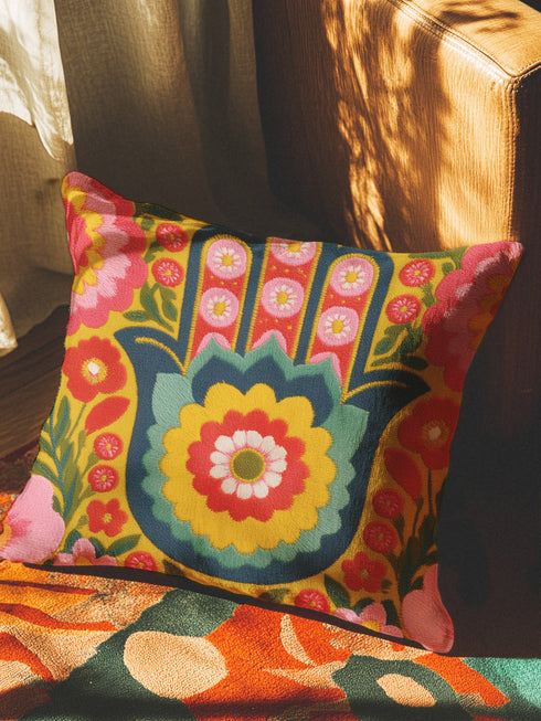 A square decorative throw pillow featuring a vibrant Hamsa hand and Evil Eye design on a hot pink background. The maximalist print includes bold blue, red, and green protection symbols with intricate details, offering a retro 70s and eclectic aesthetic. The fabric has a high-end linen texture with a hidden zipper. Available in 18x18 and 22x22 sizes.