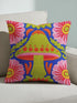 A square throw pillow cover featuring a detailed maximalist baroque mushroom design on a dark background. The pattern displays vibrant orange, red, and purple toadstools intertwined with green ferns and vintage botanical foliage. The style combines dark cottagecore with psychedelic art. The fabric possesses a premium linen texture visible in the close-up. The print appears on both sides. A hidden zipper sits at the bottom seam. The pillow is shown as a case only without an insert inside.