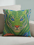 A square decorative throw pillow cover featuring a detailed illustration of a green tiger face in an Art Nouveau style. The tiger has piercing blue eyes and a bright orange nose, surrounded by intricate swirling botanical leaves in shades of teal and sage. The design mimics the look of embroidery or needlepoint but is a flat print on textured faux linen fabric. The background is a deep blue-green. The image is symmetrical and bold, fitting maximalist or junglecore aesthetics