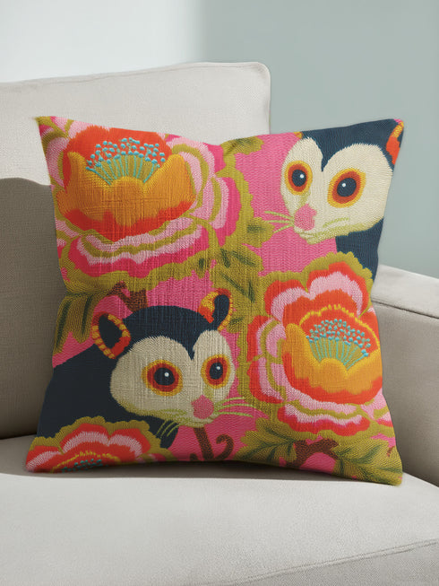 A square linen-feel throw pillow with a vibrant, maximalist print on a bright pink background. The pattern features two large, illustrated possums (or sugar gliders). The animals are nestled amongst large, 70s-style retro floral designs in shades of orange, marigold yellow, and turquoise, with avocado green leaves. The pillow has a textured, woven appearance, mimicking a high-end linen fabric. The double-sided print is colorful, eclectic, and groovy, with a distinct vintage 70s folk art feel.