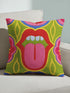 A square decorative throw pillow cover featuring a bold, symmetrical pop art design of an open mouth with bright red lips, white teeth, and a pink tongue sticking out. The central graphic is set against a lime green background surrounded by abstract geometric and floral shapes in vibrant hues of pink, yellow, and cornflower blue. The fabric has a visible premium linen-like woven texture. The colorful retro illustration is printed on both sides of the pillowcase.