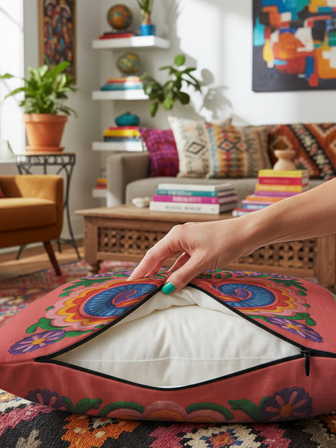 A square throw pillow featuring a vibrant, maximalist Aries zodiac design. The central motif is a red ram head with curled blue horns, surrounded by a scalloped border in yellow and pink. The design includes the word ARIES in green capital letters below the ram. Floral elements with purple flowers and green leaves frame the corners and bottom edge. The background is a textured coral-pink color. The artwork style is a 2D flat print designed to look like raised, textured embroidery.