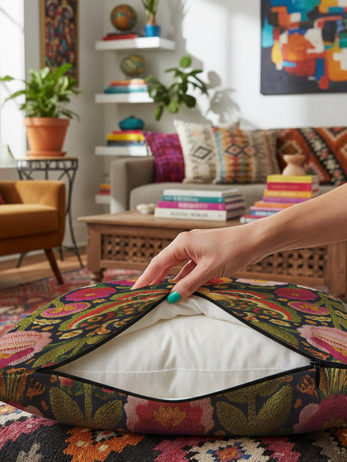A square decorative throw pillow with a dark navy background and a linen-feel polyester texture. The design features a large, centrally-placed Death's Head hawkmoth with a detailed human skull marking on its thorax. The moth's wings are intricately patterned in shades of red, green, and gold. It is surrounded by a dense, symmetrical arrangement of colorful folk-art style flowers in vibrant shades of pink, red, and orange, with green leaves and vines. The print has a faux-embroidery appearance.