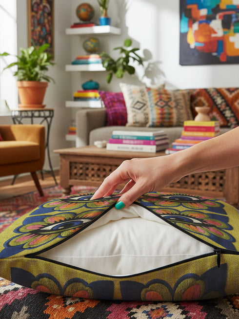 Square double-sided throw pillow cover featuring a vibrant faux embroidery design. Four stylized blue eyes sit inside retro pink, green, and orange floral shapes against a textured chartreuse yellow-green background. Made from premium faux linen polyester with a clean hidden zipper edge. This maximalist dopamine decor cushion cover is shown perfectly flat, highlighting the bold surrealist trompe-l'œil graphic print. Available in 18x18 or 22x22 inches.