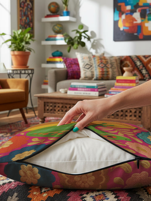 A square decorative throw pillow made from premium polyester with a visible linen-like woven texture. The background is a vibrant hot pink covered in a dense, retro-style floral pattern in orange, teal, and gold. The main design is a brightly colored, stylized illustration of a green red-eyed tree frog with orange feet and prominent red eyes. The whimsical frog is riding a vibrant yellow banana. The overall aesthetic is colorful, maximalist, and eclectic, with a faux-embroidered texture effect.