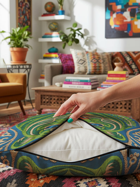 A square decorative throw pillow cover featuring a detailed illustration of a green tiger face in an Art Nouveau style. The tiger has piercing blue eyes and a bright orange nose, surrounded by intricate swirling botanical leaves in shades of teal and sage. The design mimics the look of embroidery or needlepoint but is a flat print on textured faux linen fabric. The background is a deep blue-green. The image is symmetrical and bold, fitting maximalist or junglecore aesthetics