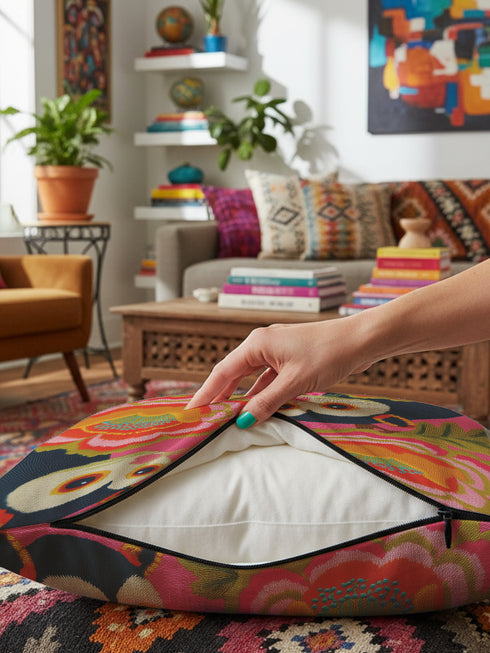 A square linen-feel throw pillow with a vibrant, maximalist print on a bright pink background. The pattern features two large, illustrated possums (or sugar gliders). The animals are nestled amongst large, 70s-style retro floral designs in shades of orange, marigold yellow, and turquoise, with avocado green leaves. The pillow has a textured, woven appearance, mimicking a high-end linen fabric. The double-sided print is colorful, eclectic, and groovy, with a distinct vintage 70s folk art feel.