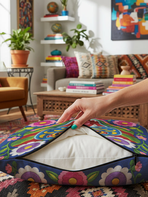 Square throw pillow cover with a faux embroidery 2D print of a stylized folk-art serpent with a blue head, yellow swirl markings, red eyes, white fangs, and an open red mouth. It is surrounded by pink, purple, and white flowers with yellow centers and green leaves on a deep blue background. The print mimics raised stitching while staying flat and smooth, and shows on both sides. Cover only, available in 18 by 18 inch and 22 by 22 inch sizes.