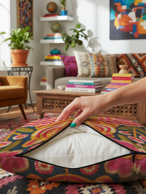 Square decorative throw pillow cover featuring a vibrant, maximalist illustration of a walking tiger surrounded by blooming pink peonies and green foliage. The design is set against a deep teal-charcoal background and mimics the texture of vintage hand embroidery with a faux-stitch printed effect. The style blends Junglecore, Chinoiserie, and Whimsigoth aesthetics. The fabric is a durable, linen-textured spun polyester. The tiger is orange, gold, and black; flowers are magenta pink.