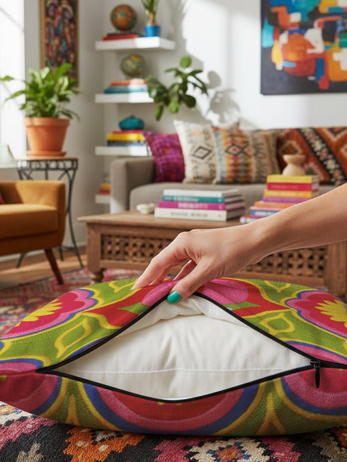 A square decorative throw pillow cover featuring a bold, symmetrical pop art design of an open mouth with bright red lips, white teeth, and a pink tongue sticking out. The central graphic is set against a lime green background surrounded by abstract geometric and floral shapes in vibrant hues of pink, yellow, and cornflower blue. The fabric has a visible premium linen-like woven texture. The colorful retro illustration is printed on both sides of the pillowcase.