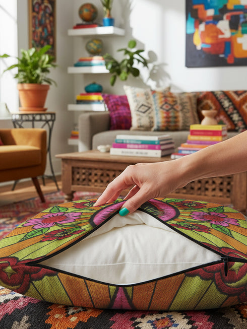 Black square pillow cover with a central eye medallion set inside a pink almond shaped mandorla. The psychedelic design surrounds the eye with red floral motifs, green leaves, and radiant orange and yellow sunburst rays. The smooth, linen-feel polyester print mimics high fidelity embroidery texture with no raised stitching. Divine feminine and sacred feminine eye pillow case, a feminist maximalist and whimsigoth cushion cover on a bold high-contrast black ground.