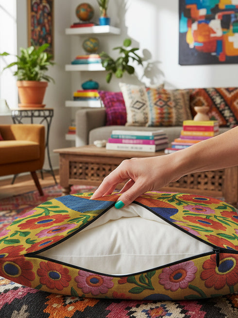 Square faux embroidery throw pillow cover with a large stylized folk art bird facing left. The bird has a cobalt blue head, orange belly, light blue tail, and pink legs, set on a bright mustard yellow background scattered with pink and red daisy flowers on trailing green vines. The smooth, linen-feel polyester uses a printed trompe loeil effect to mimic raised thread needlework. Bold maximalist folk art bird pillowcase and cottagecore cushion cover for eclectic, colorful, dopamine decor homes.