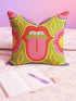 A square decorative throw pillow cover featuring a bold, symmetrical pop art design of an open mouth with bright red lips, white teeth, and a pink tongue sticking out. The central graphic is set against a lime green background surrounded by abstract geometric and floral shapes in vibrant hues of pink, yellow, and cornflower blue. The fabric has a visible premium linen-like woven texture. The colorful retro illustration is printed on both sides of the pillowcase.