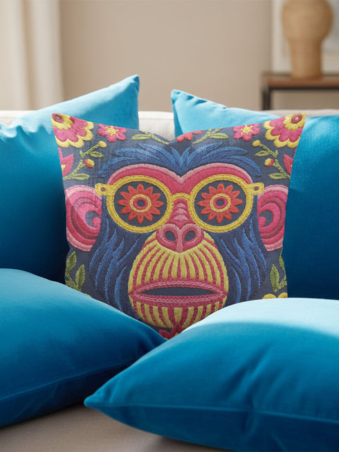 quare throw pillow cover with a faux embroidery 2D print of a stylized monkey face in large round yellow sunglasses with red flower lenses. The ape has electric blue fur with a hot pink brow and nose, on a navy background scattered with hot pink, yellow, and red flowers and green leaves. The print mimics raised stitching while staying flat and smooth, and shows on both sides. Cover only, available in 18 by 18 inch and 22 by 22 inch sizes.