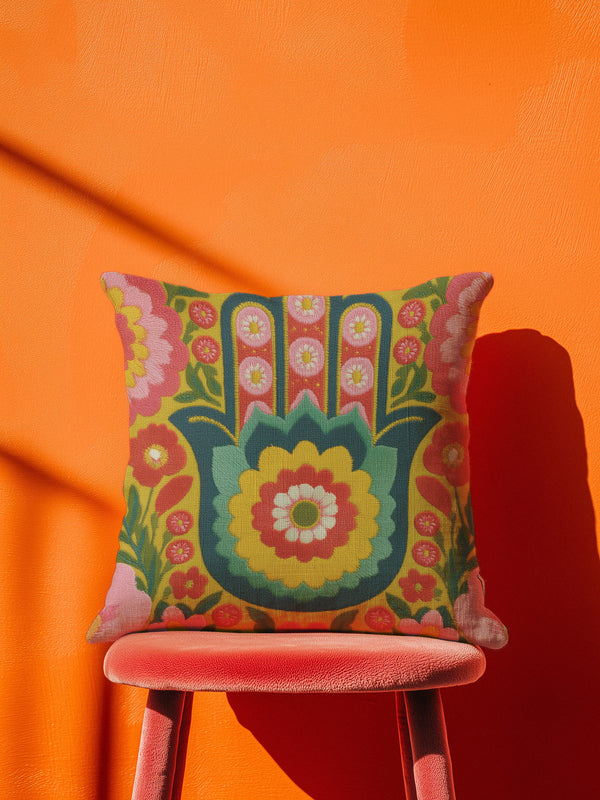 A square decorative throw pillow featuring a vibrant Hamsa hand and Evil Eye design on a hot pink background. The maximalist print includes bold blue, red, and green protection symbols with intricate details, offering a retro 70s and eclectic aesthetic. The fabric has a high-end linen texture with a hidden zipper. Available in 18x18 and 22x22 sizes.